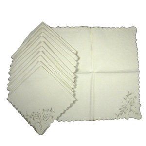 Napkins Set 12 Square 14.5 In Leaf Stitch White Scalloped Edge Linen Blend Stain